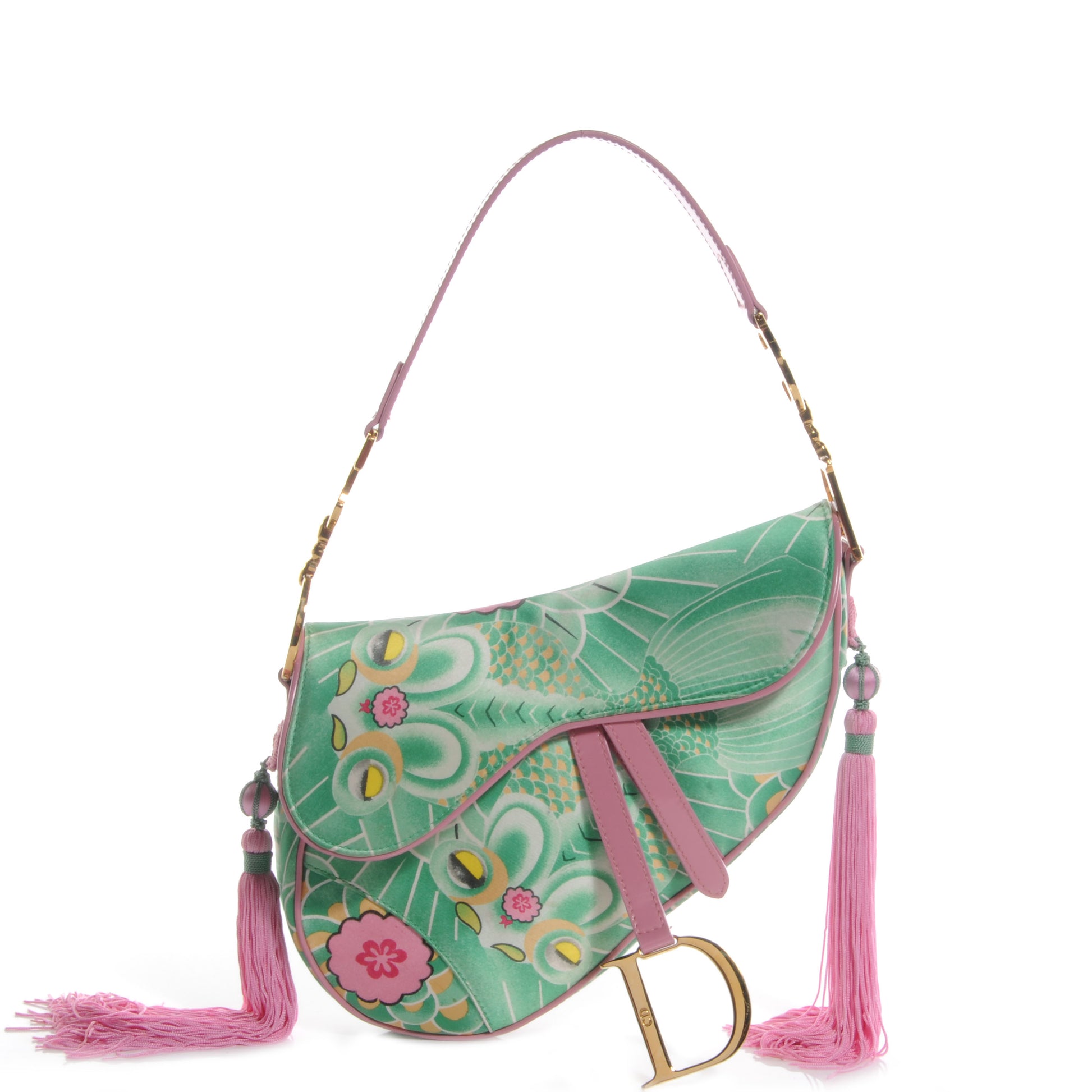 Christian Dior Satin Tassel Koi Saddle Bag Green Pink 1 of 7