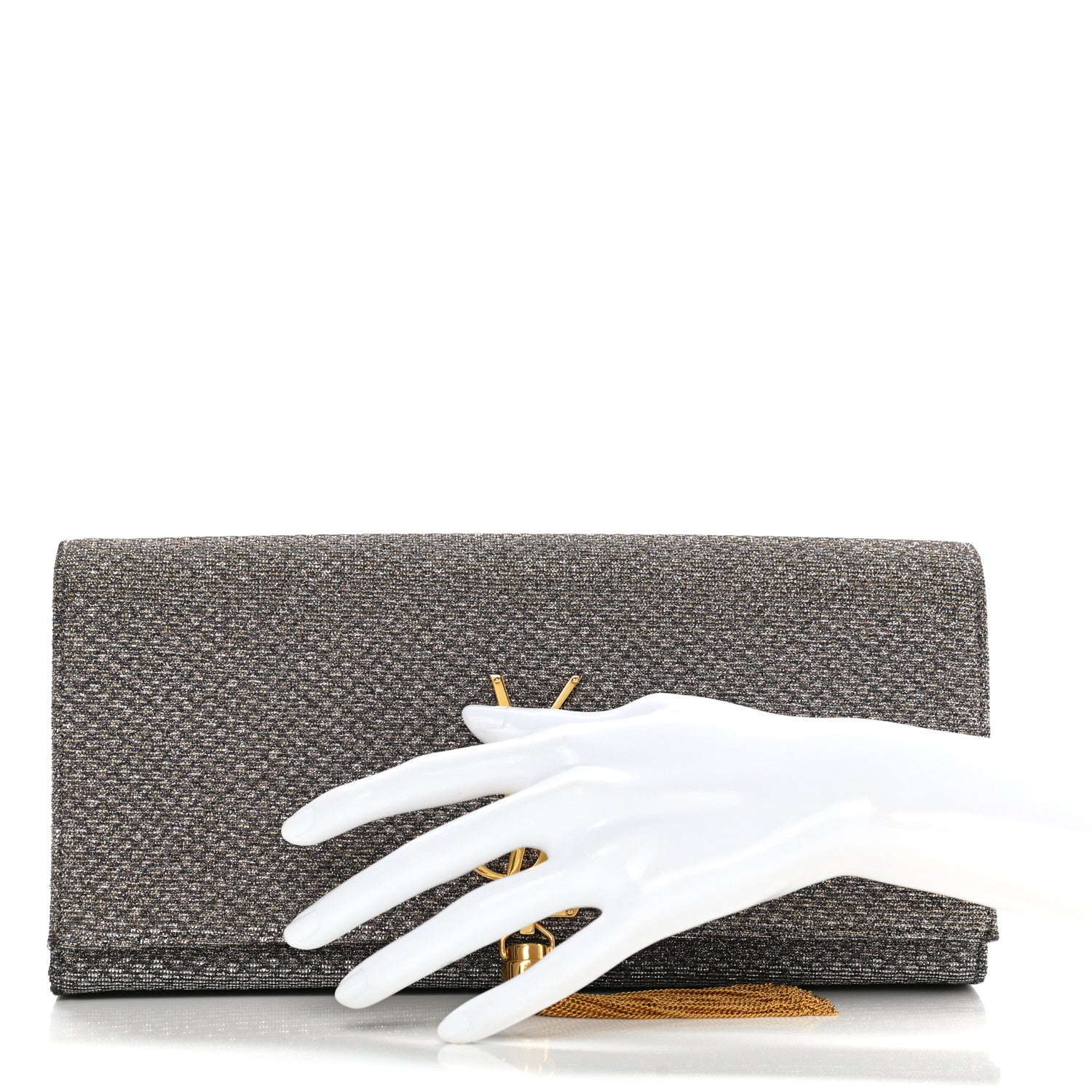 Saint Laurent Metallic Canvas Woven Classic Monogram Kate Tassel Clutch Silver Gold 2 of 6