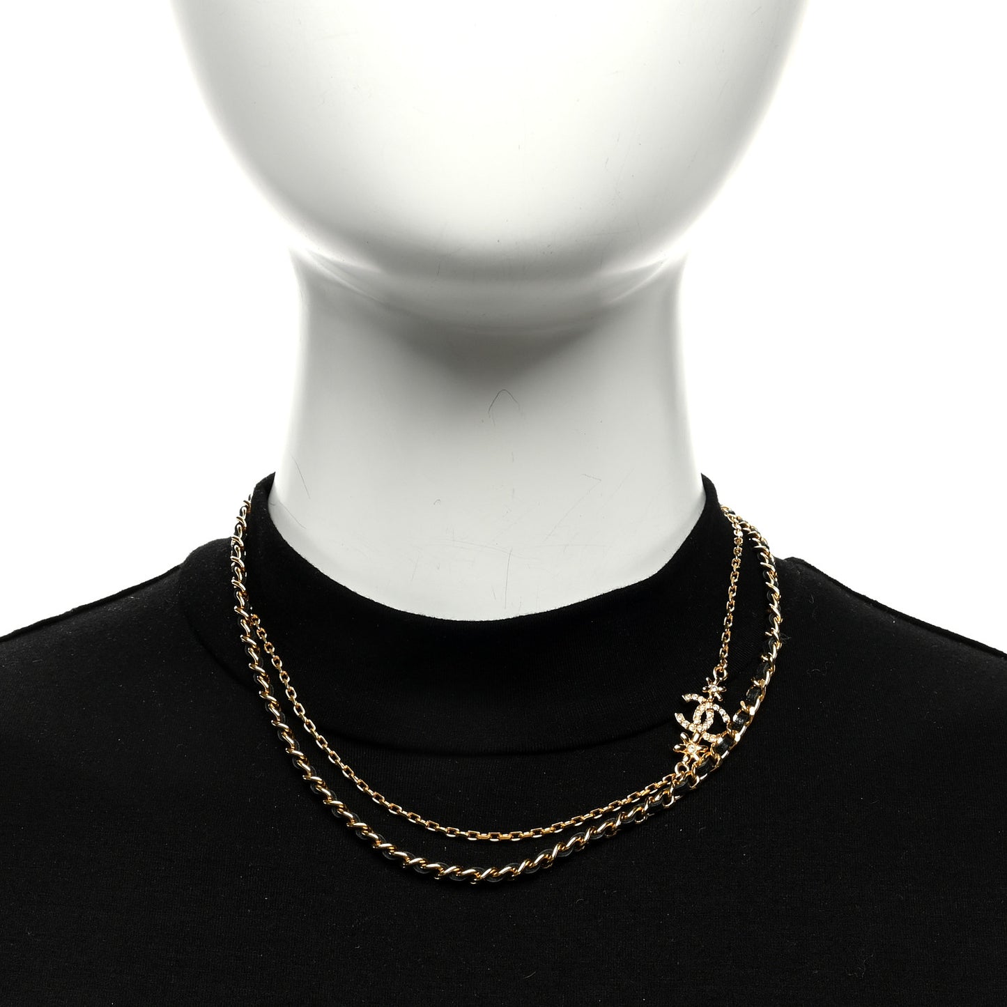 Metal Lambskin Crystal CC Double Chain Necklace Black Gold