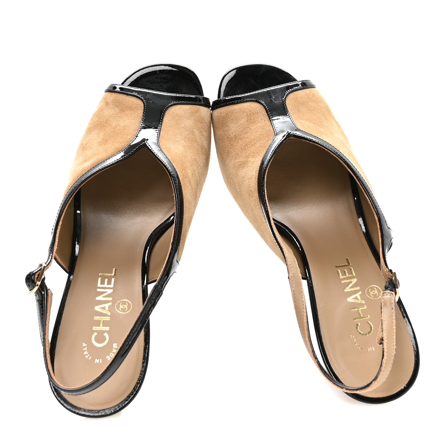 Chanel Suede Calfskin Patent Calfskin Slingback Sandals 39.5 Beige Black 2 of 9