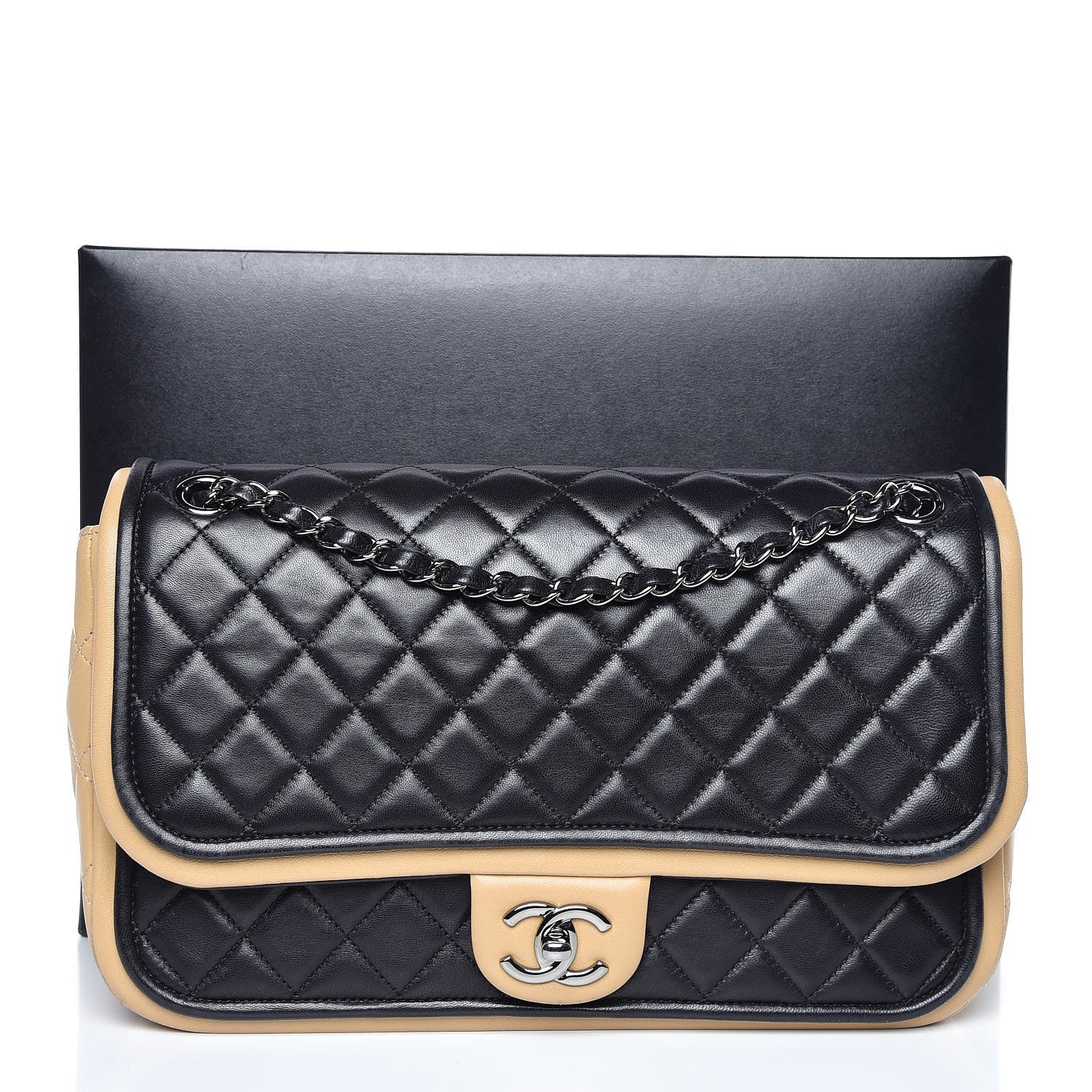 Chanel Lambskin Quilted Large Twist Two Tone Flap Bag Black Beige 14 of 14