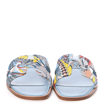 Hermes Cotton Canvas Oran Sandals 37 Multicolor Bleu Dorset 2 of 7