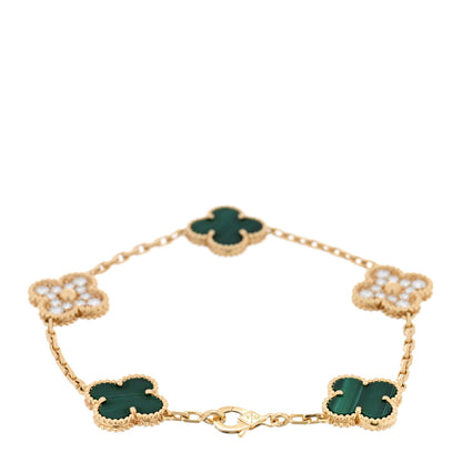 Van Cleef & Arpels 18K Yellow Gold Diamond Malachite 5 Motifs Vintage Alhambra Bracelet 2 of 4