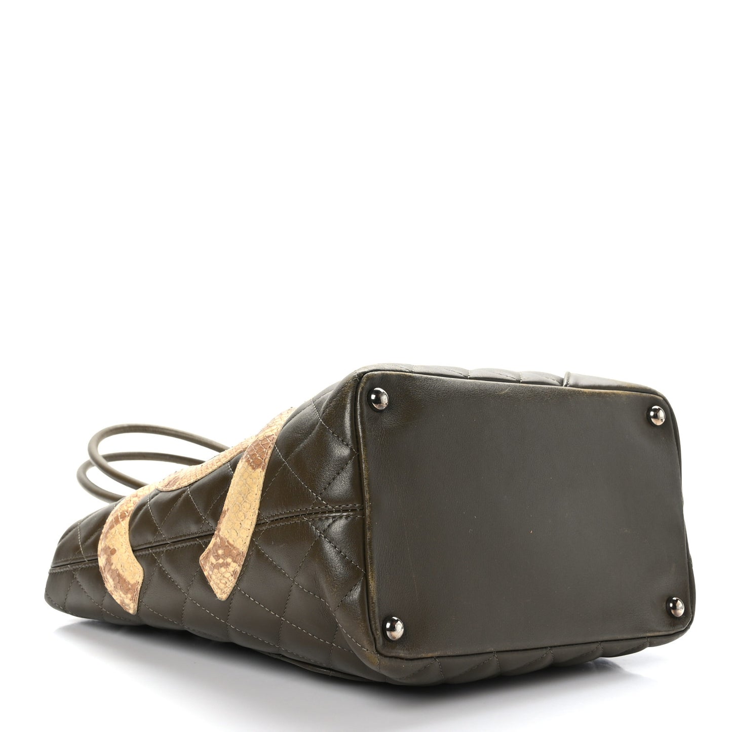 Calfskin Snakeskin Quilted Small Cambon Tote Khaki