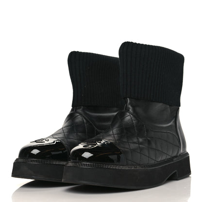 Chanel Calfskin Patent Knit Quilted CC Cap Toe Boots 38 Black 3 of 7