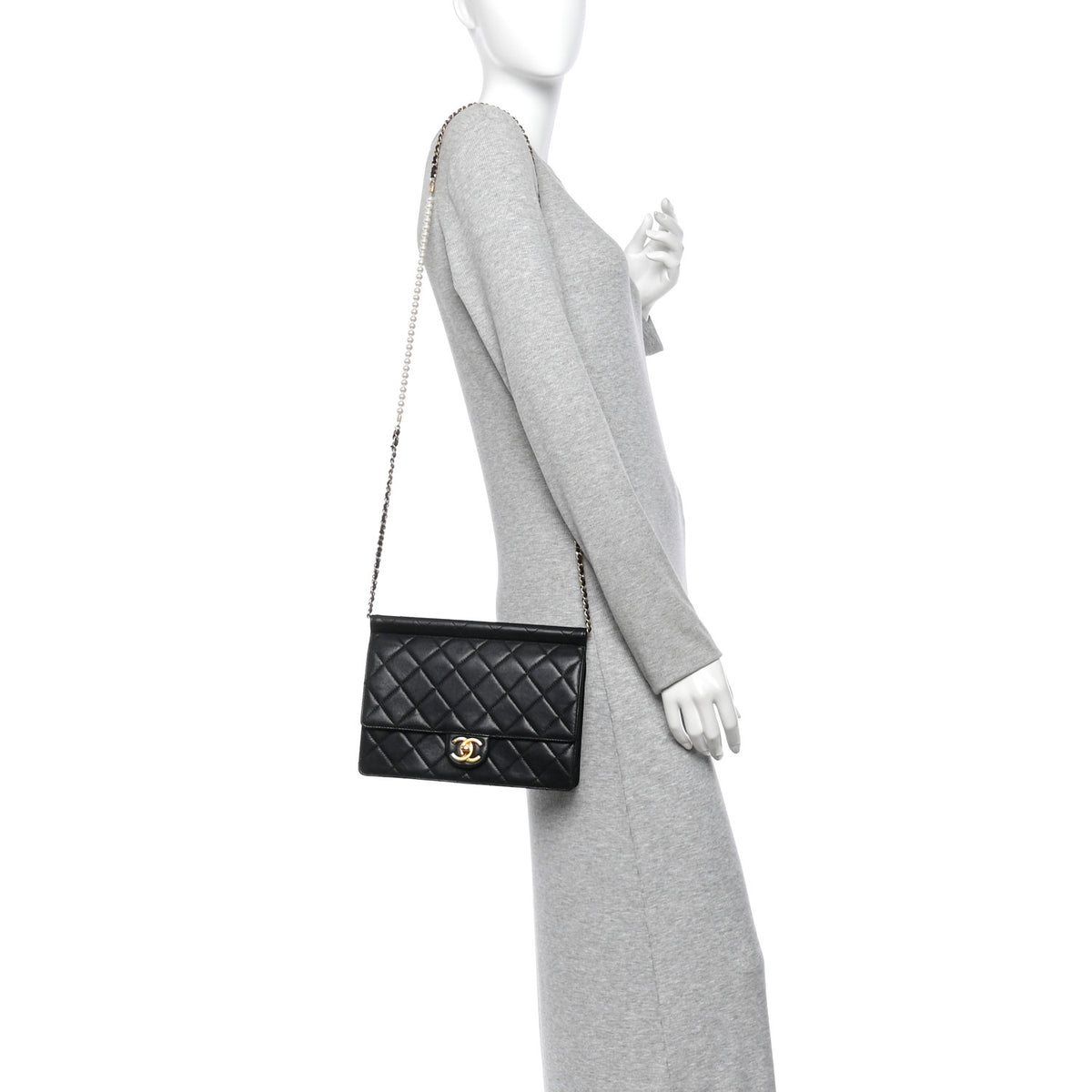 Lambskin Quilted Large Pearl Chain Flap Bag Black