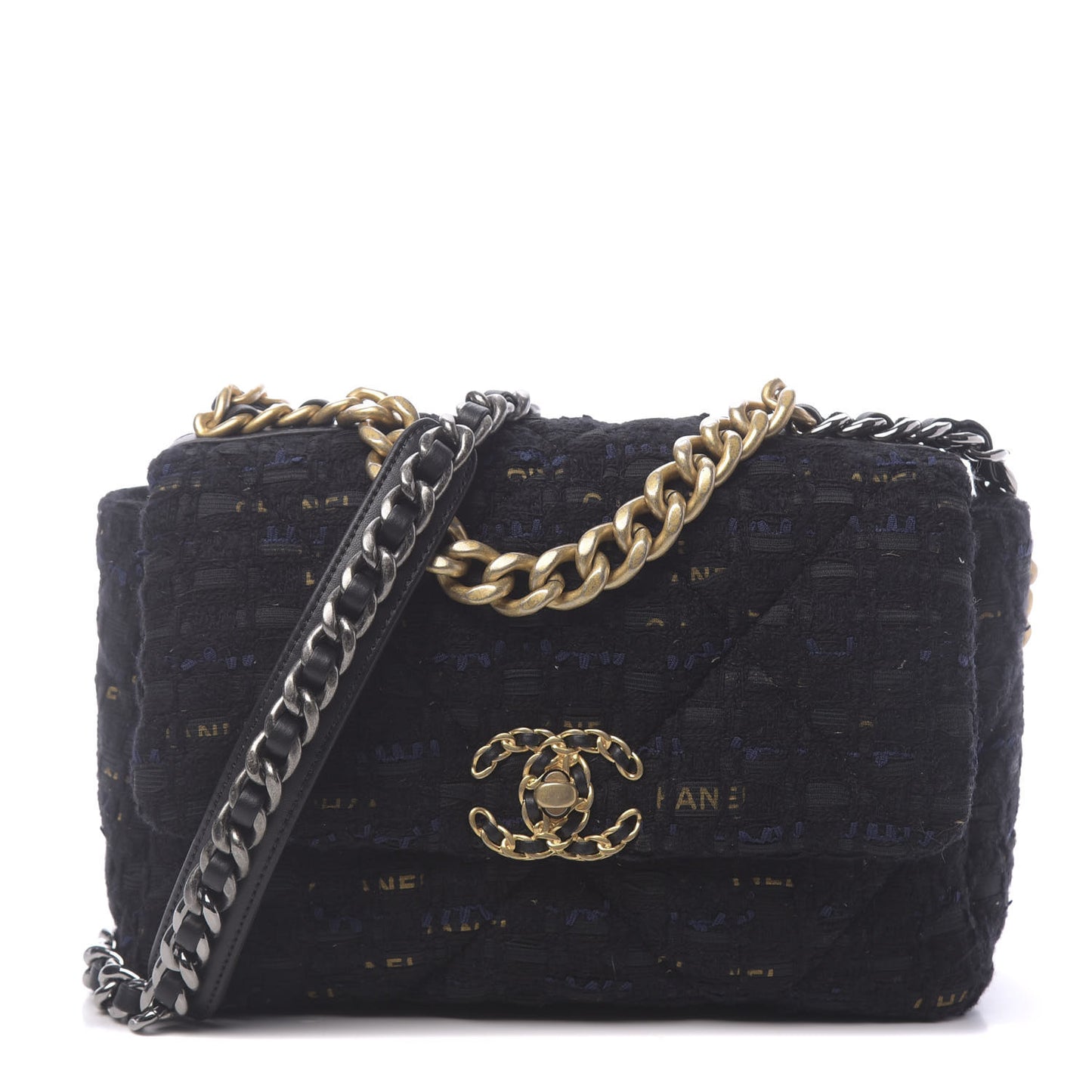 Tweed Quilted Medium 19 Flap Black Navy Gold