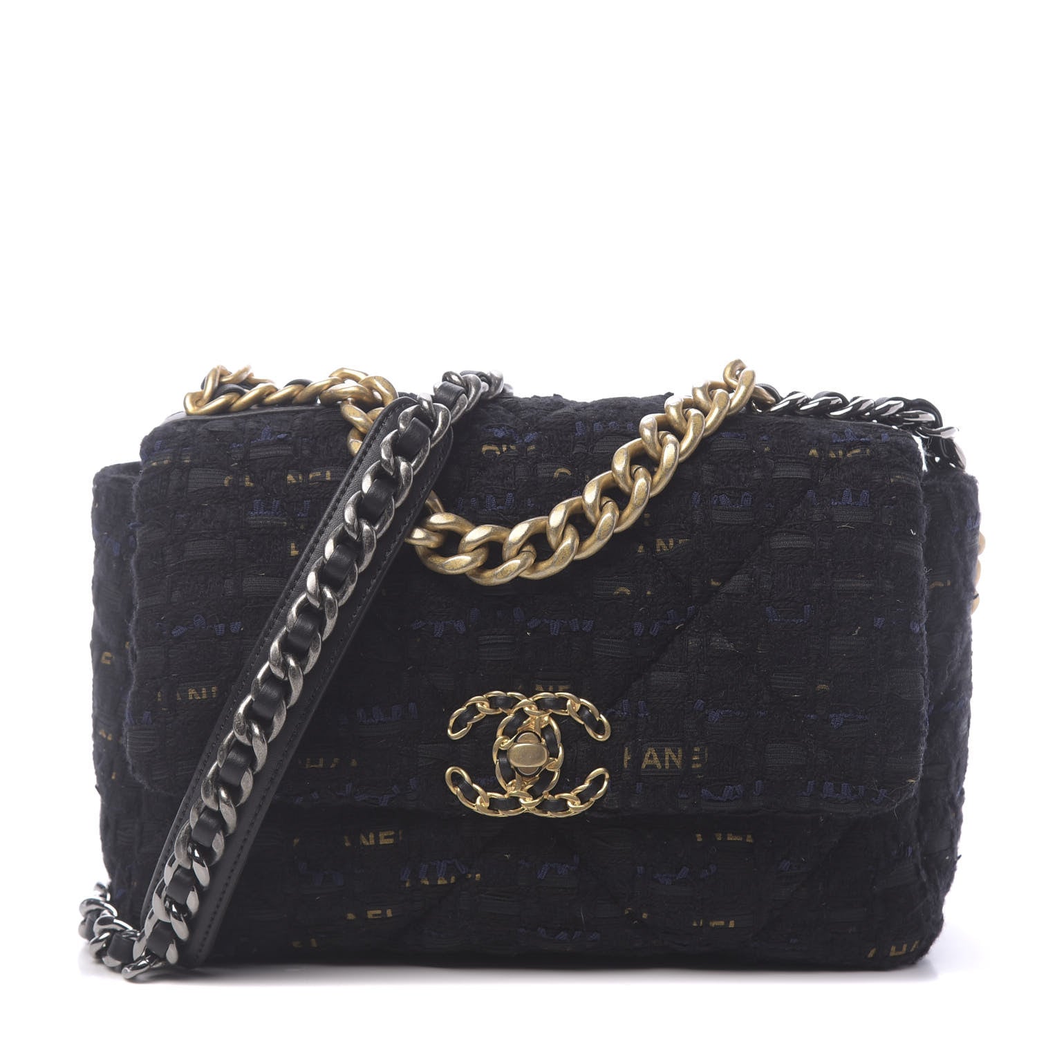 Chanel Tweed Quilted Medium 19 Flap Black Navy Gold 1 of 11
