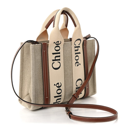 Chloe Cotton Calfskin Small Woody Ribbon Tote With Strap White Brown 3 of 9