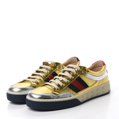 Gucci Metallic Nappa Web Mens Low Top Sneakers 9.5 Argento Oro Vecchio 3 of 11