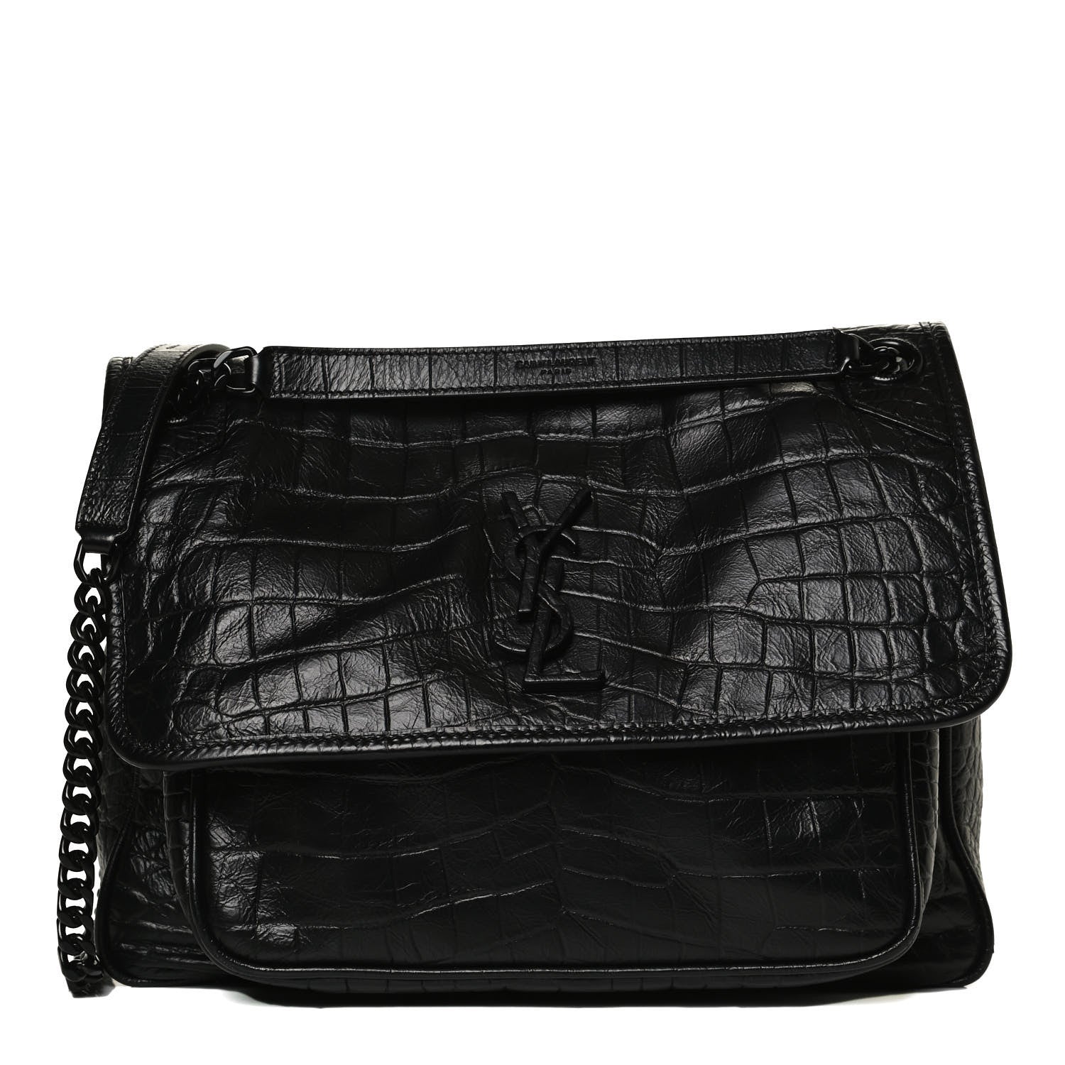 Saint Laurent Crocodile Embossed Lambskin Monogram Medium Niki Chain Satchel Black 1 of 11