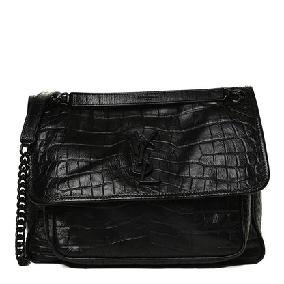 Saint Laurent Crocodile Embossed Lambskin Monogram Medium Niki Chain Satchel Black 1 of 11
