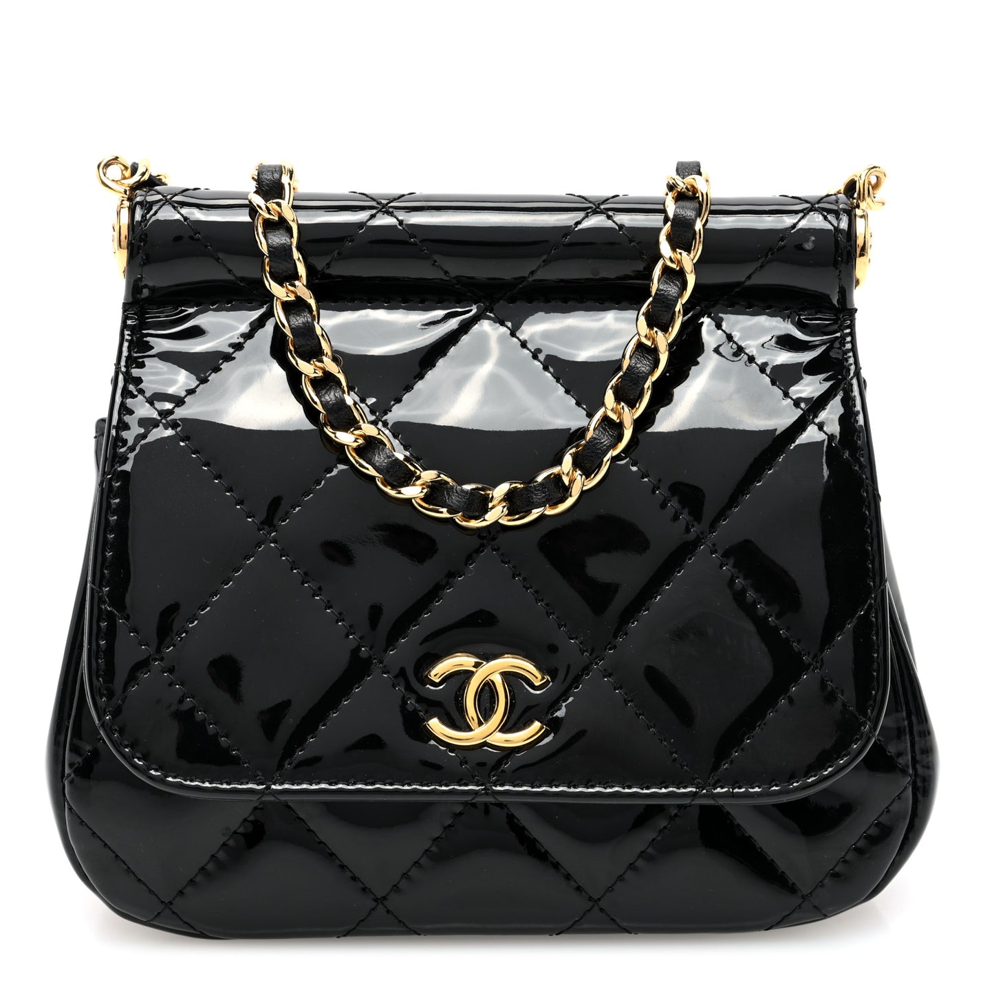 Patent Quilted Frame Clutch Flap With Chain Black