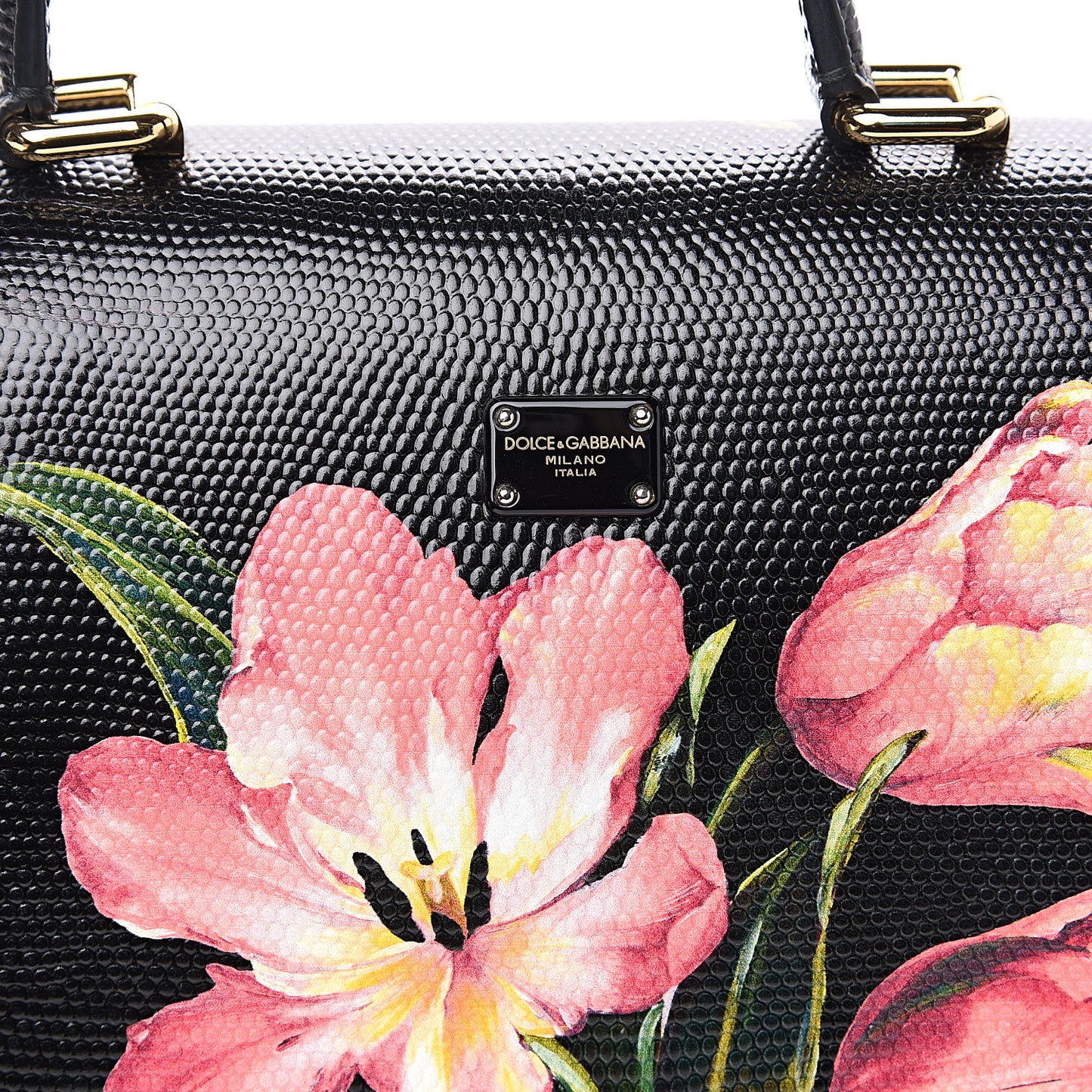 Iguana Calfskin Embossed Tulipani Mini Top Handle Bag Black Rosa