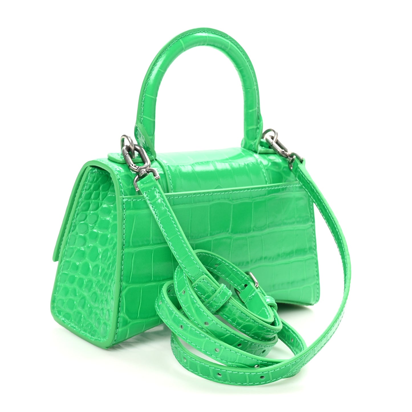 Shiny Calfskin Crocodile Embossed Hourglass Top Handle Bag XS Vivid Green