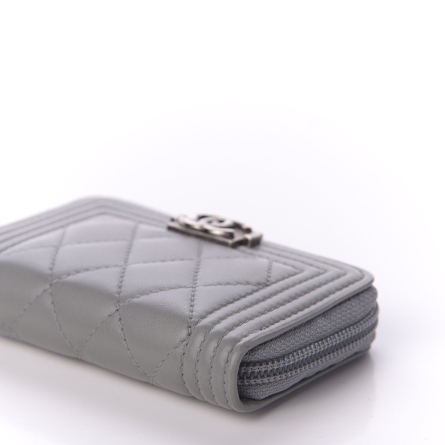Chanel Lambskin Quilted Boy Zip Around Coin Purse Wallet Grey 7 of 10