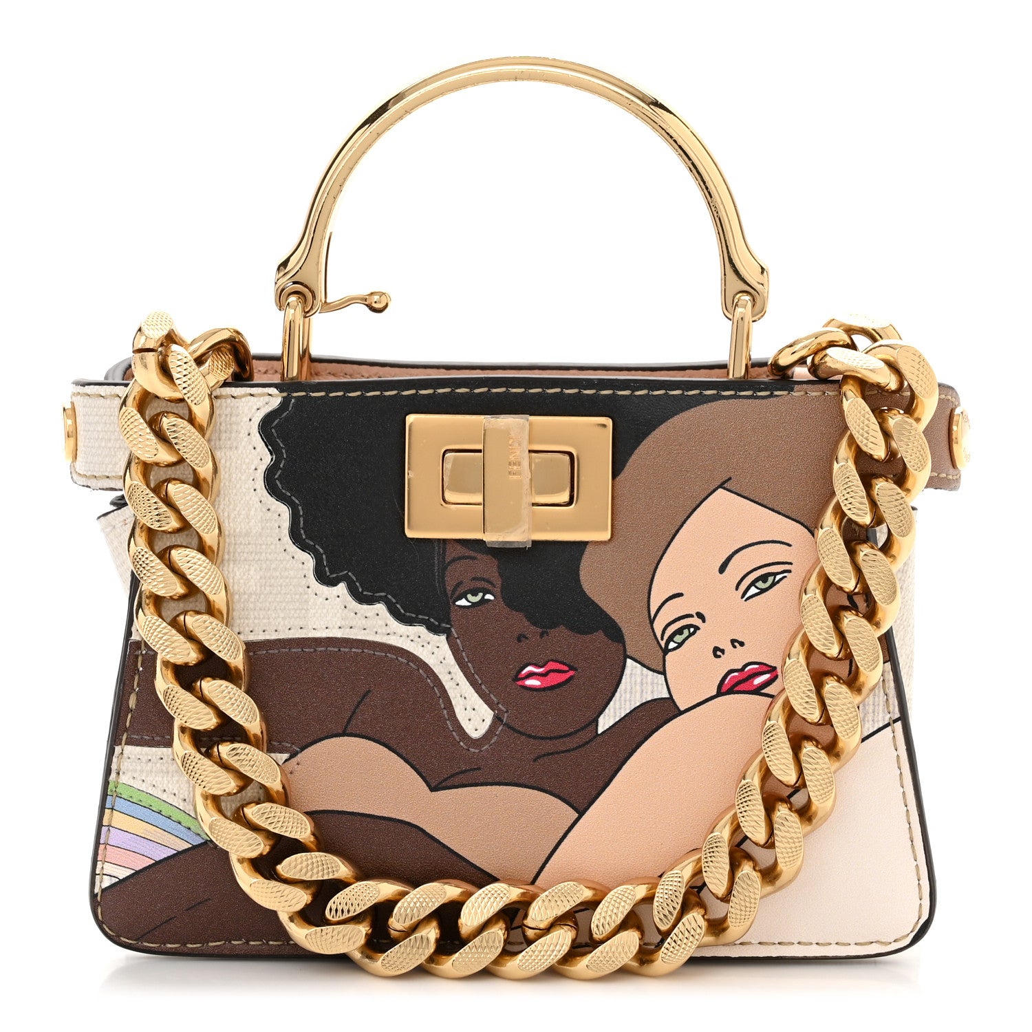 Fendi Glazed Fabric FF Bikini Girls Inlay Nano Peekaboo Maxi Handle Satchel Bianco Perla Multicolor 1 of 11