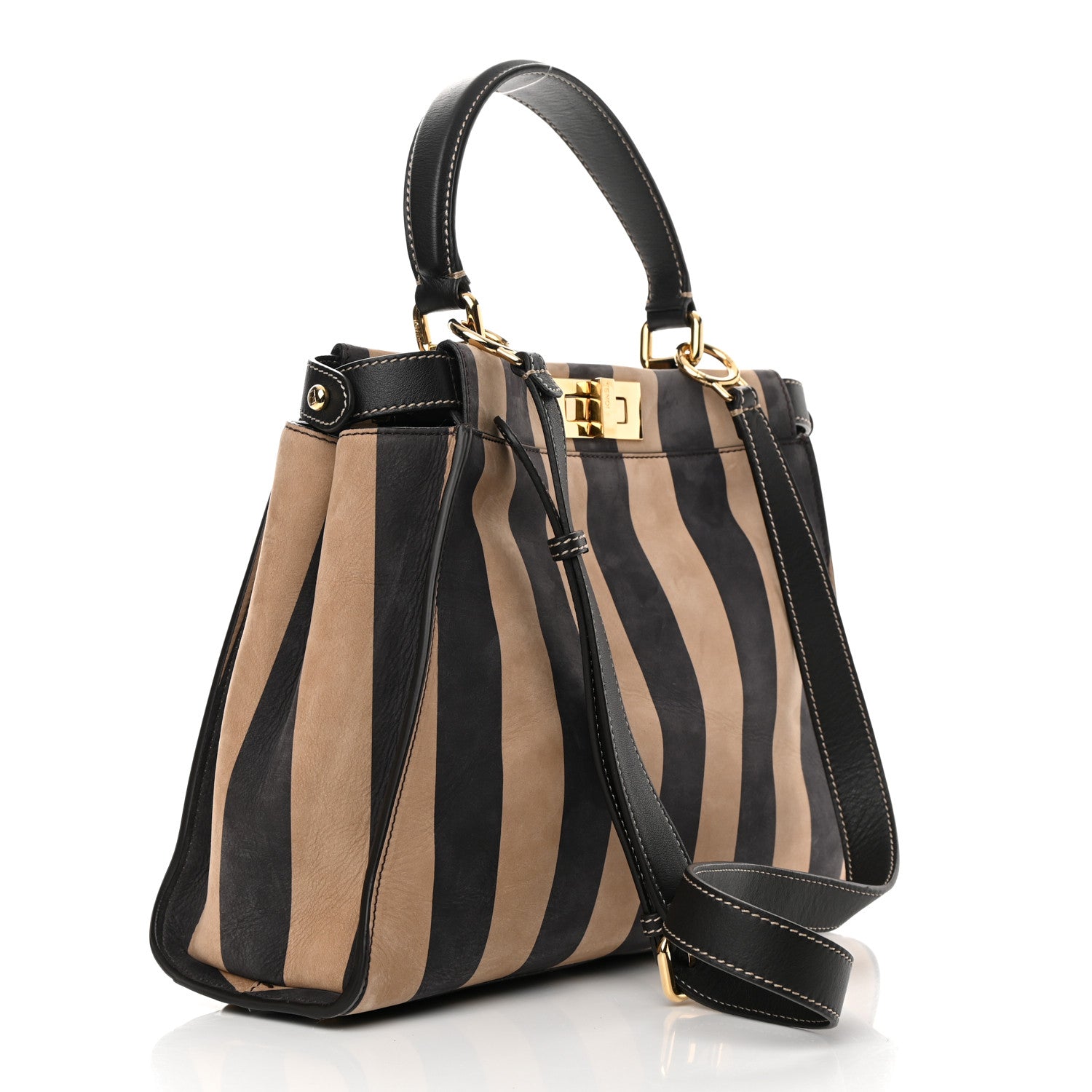 Fendi Vitello Nabuk Seta Pequin Medium Peekaboo Iconic Satchel Tobacco Moro Ebano 3 of 14