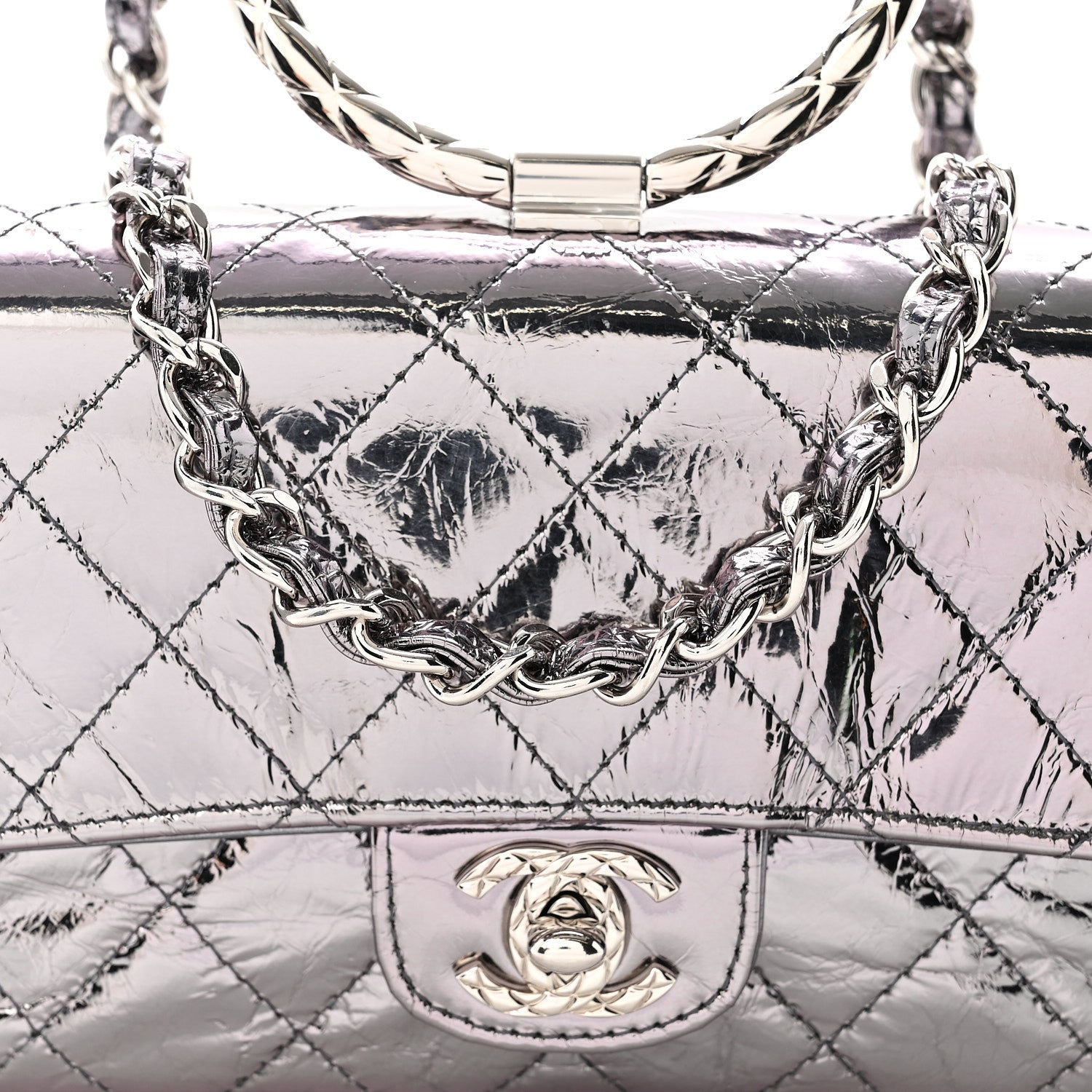 Chanel Crumpled Metallic Calfskin Quilted Ring Handle Mini Flap Silver 8 of 10