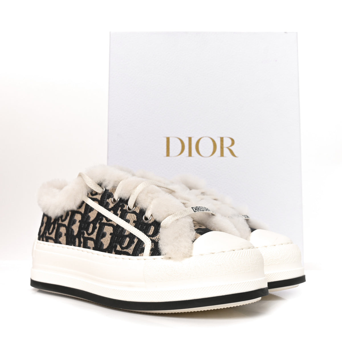 Canvas Oblique Shearling Walk'N'Dior Platform Sneakers  38.5 Deep Blue