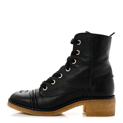Chanel Calfskin Lace Up Combat Boots 37.5 Black 1 of 9