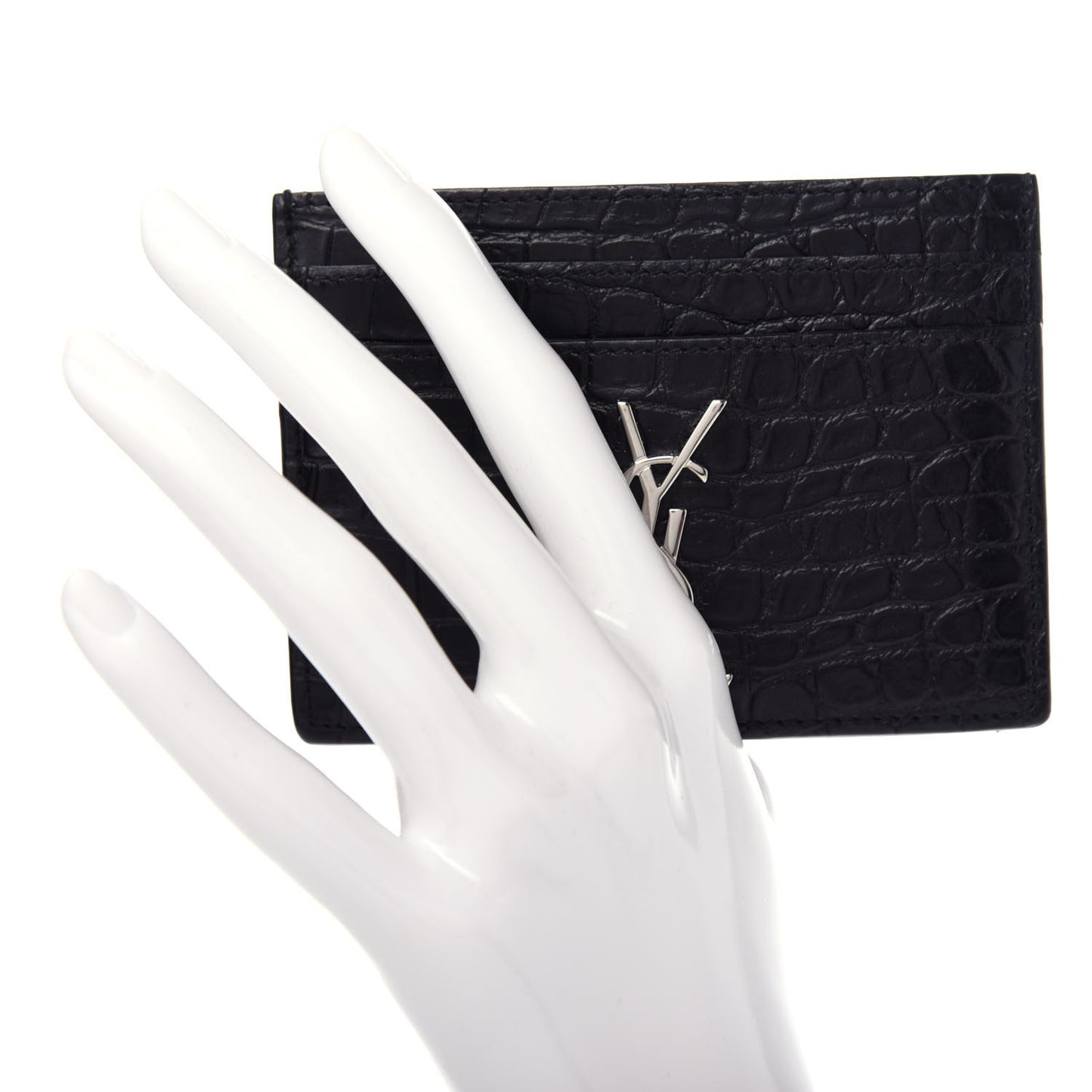 Calfskin Crocodile Embossed Monogram Credit Card Case Black