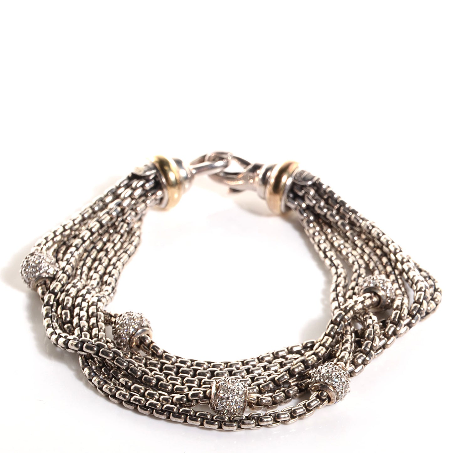 Sterling Silver 18k Yellow Gold Pave Diamond Bead 6 Strand Bracelet
