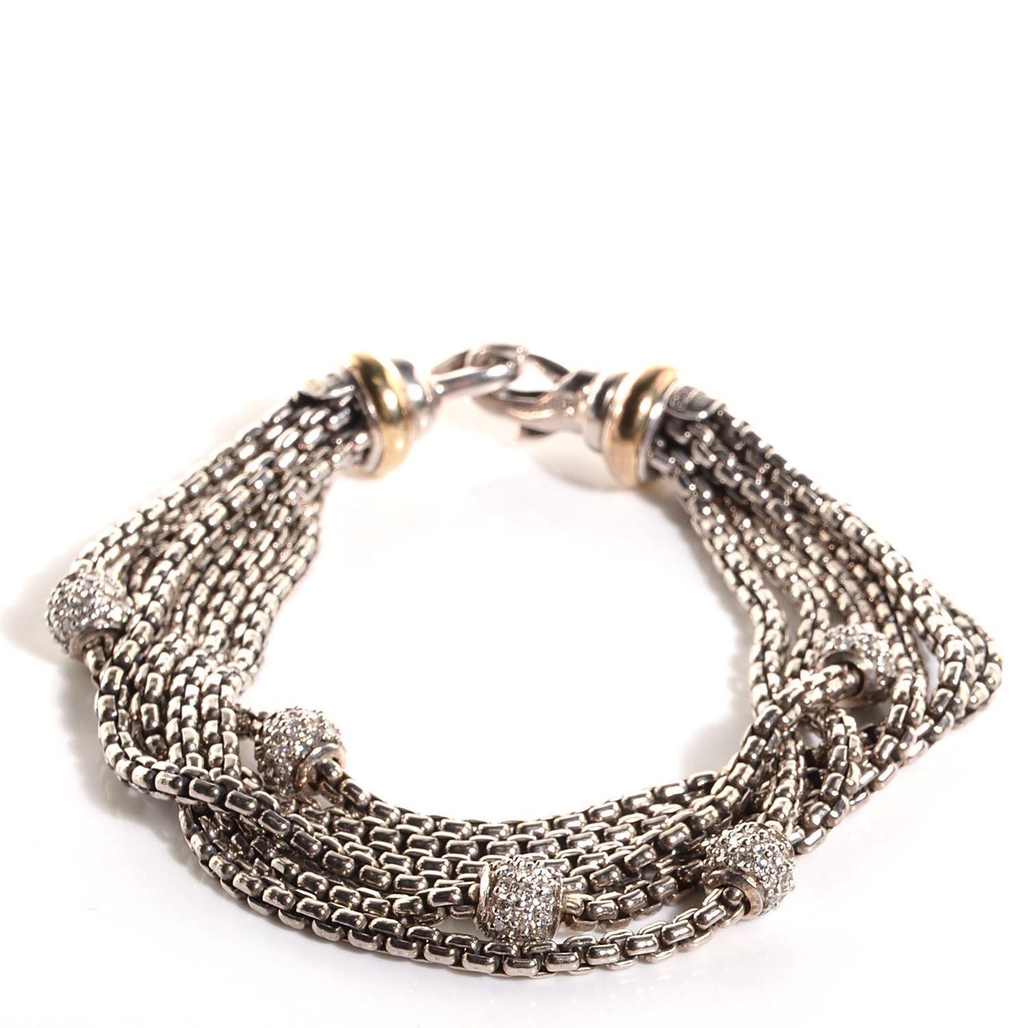 David Yurman Sterling Silver 18k Yellow Gold Pave Diamond Bead 6 Strand Bracelet 3 of 4