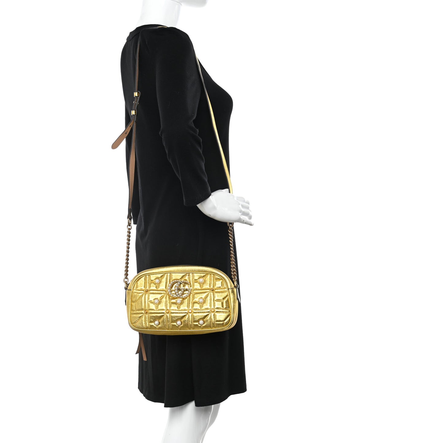 Metallic Calfskin Matelasse Studded Small Pearly GG Marmont Chain Shoulder Bag Gold
