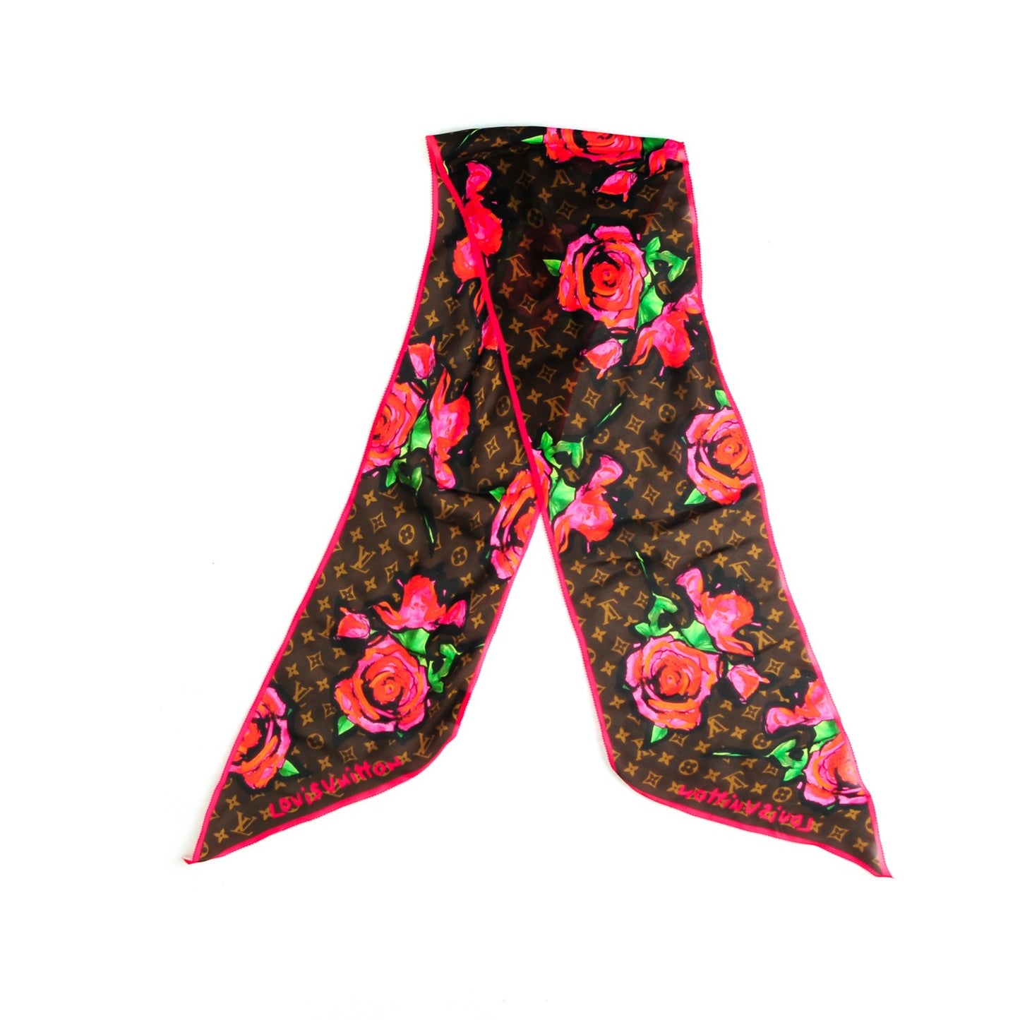 Silk Monogram Roses Scarf Marron
