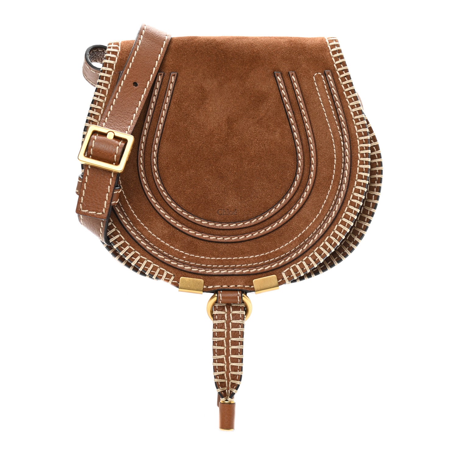 Chloe Suede Calfskin Stitched Small Marcie Round Crossbody Bag Tan 1 of 10