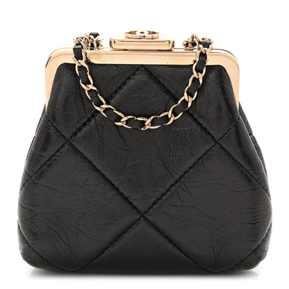 Chanel Shiny Aged Lambskin Quilted Kiss Lock Clutch With Chain Black 1 of 10