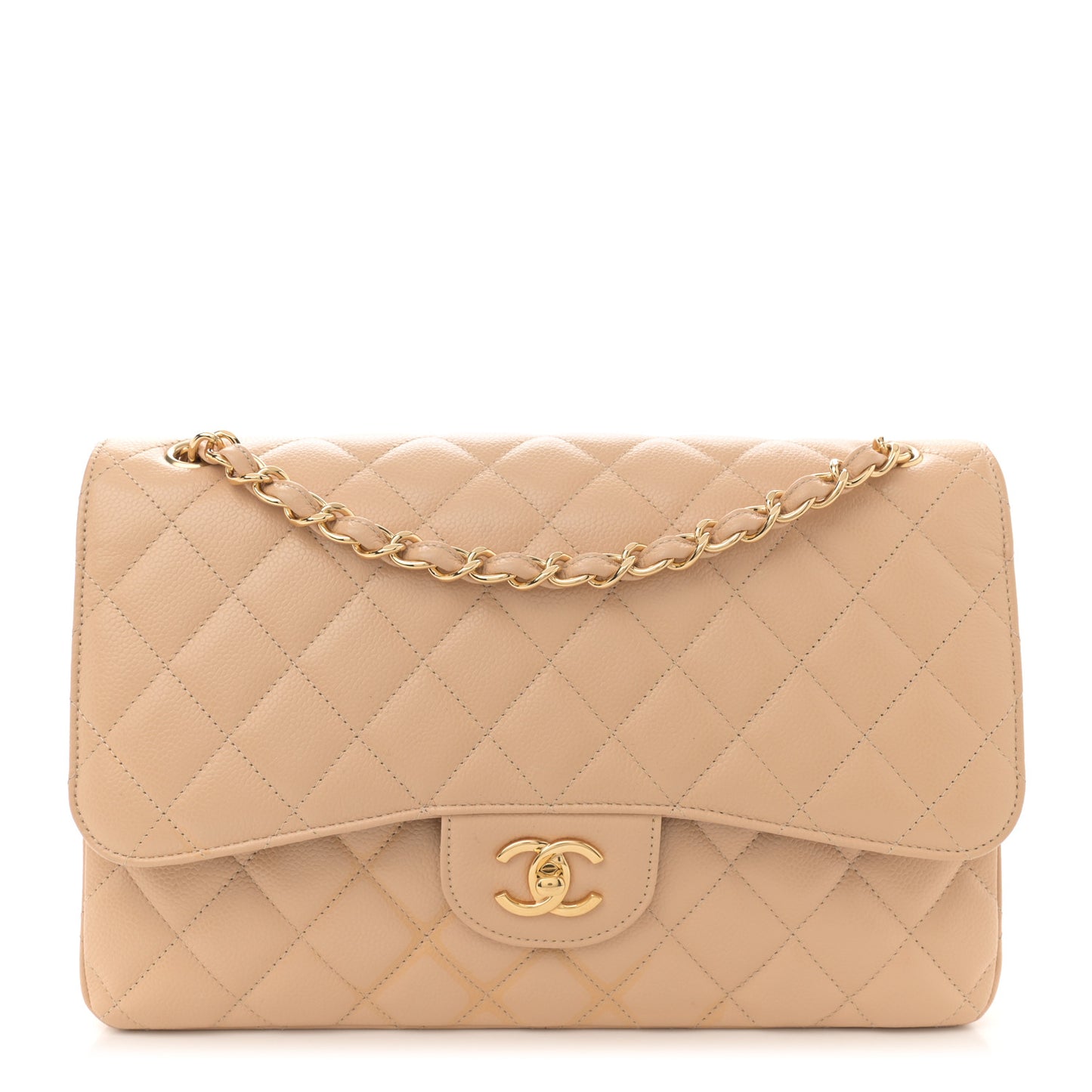 Caviar Quilted Jumbo Double Flap Beige Clair