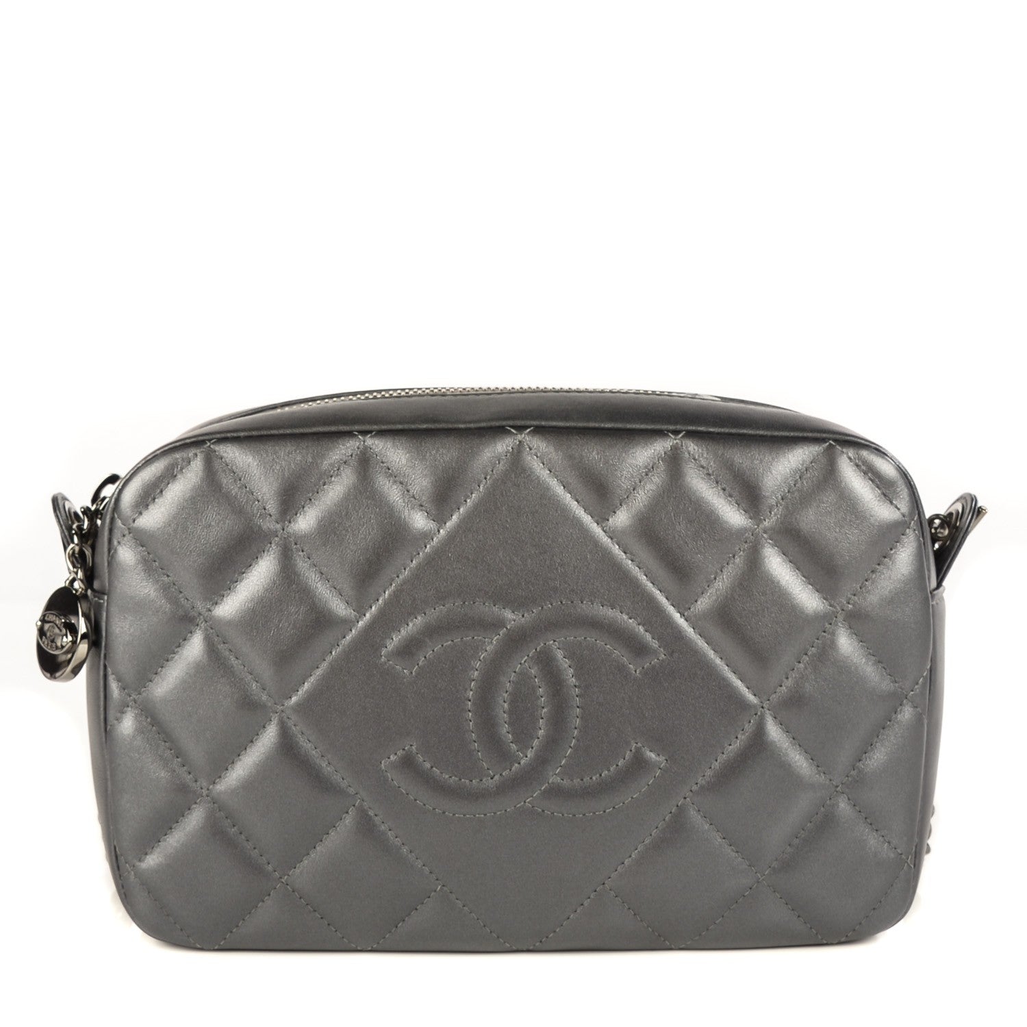 Chanel Metallic Lambskin Quilted Small Diamond CC Camera Case Dark Silver 1 of 7