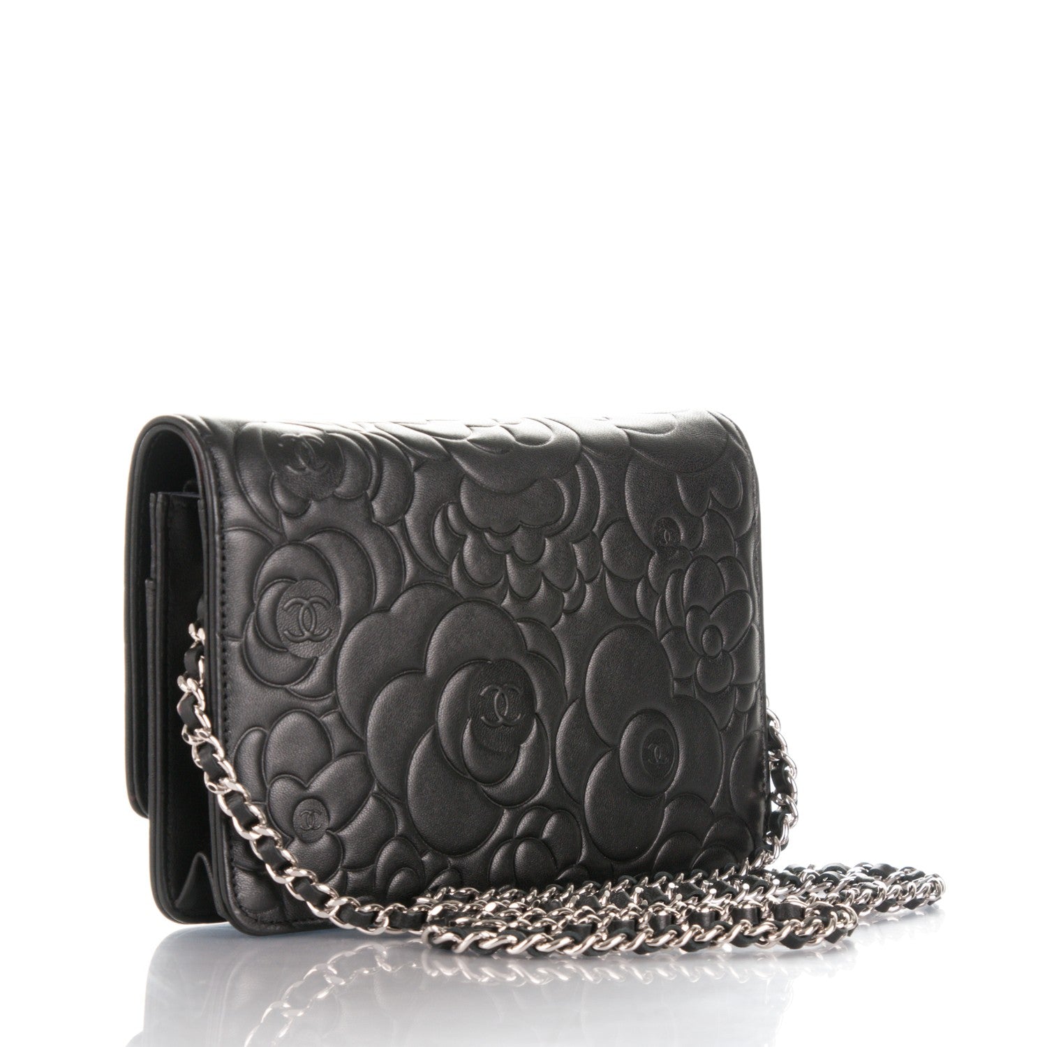 Chanel Lambskin Camellia Embossed Wallet On Chain WOC Black 3 of 8