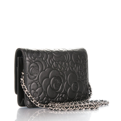 Chanel Lambskin Camellia Embossed Wallet On Chain WOC Black 3 of 8