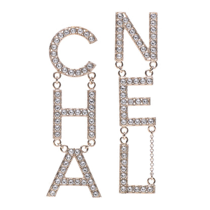 Chanel Crystal Cha-Nel Logo Drop Earrings Gold 1 of 5