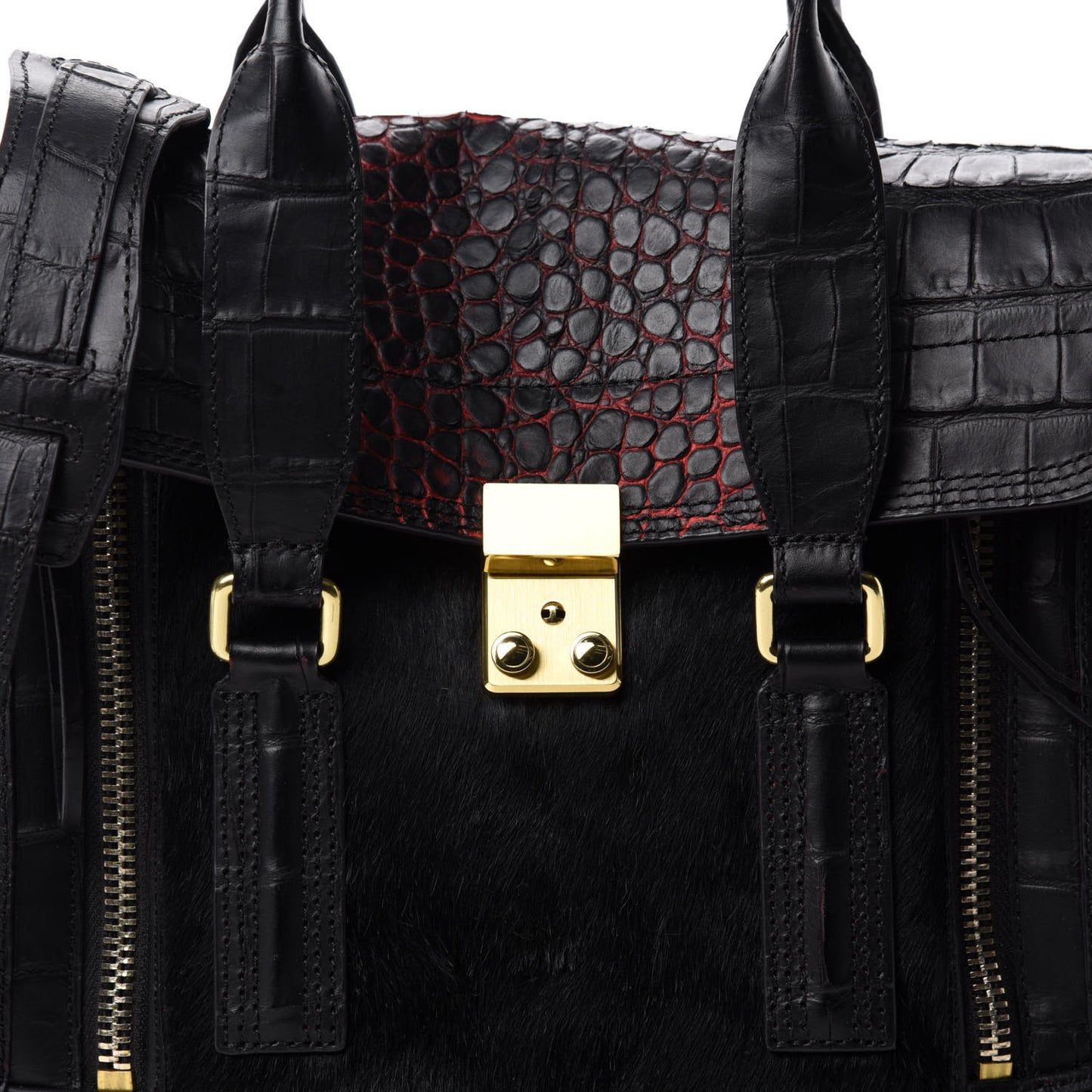 3.1 Calf Hair Calfskin Crocodile Embossed Medium Pashli Satchel Antique Red Black