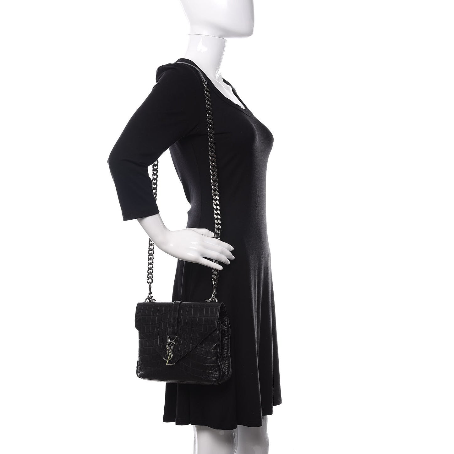 Calfskin Crocodile Embossed Medium College Monogram Satchel Black