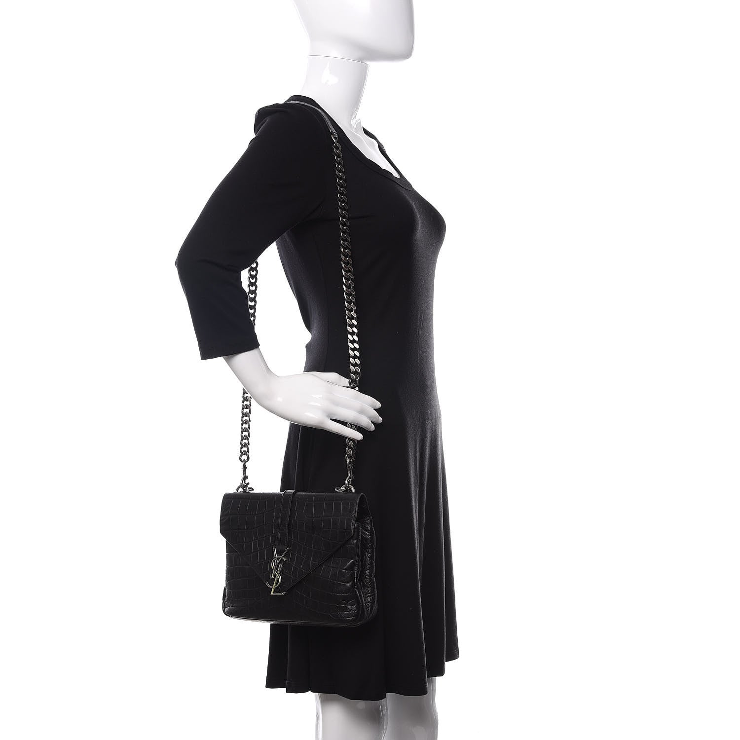 Saint Laurent Calfskin Crocodile Embossed Medium College Monogram Satchel Black 2 of 12