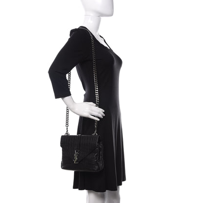 Saint Laurent Calfskin Crocodile Embossed Medium College Monogram Satchel Black 2 of 12
