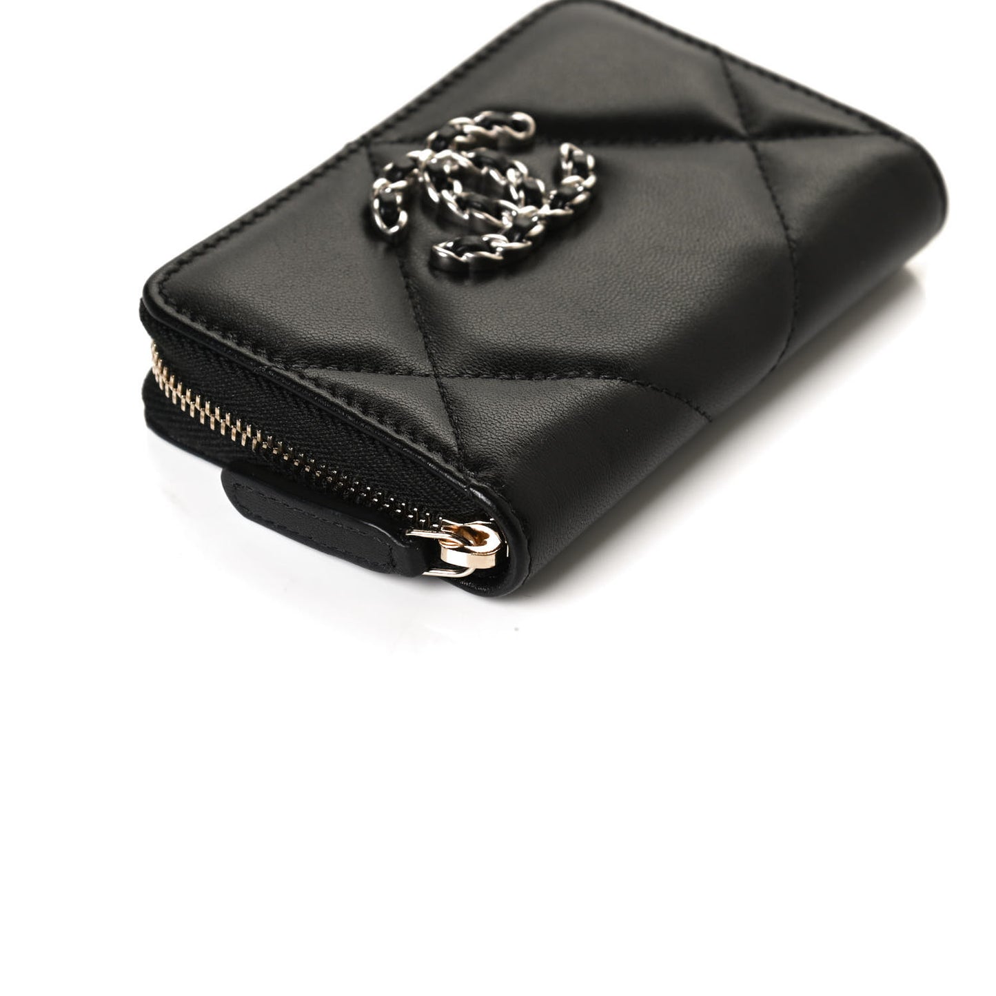 Lambskin Quilted Chanel 19 Zip Around Coin Purse Wallet Black
