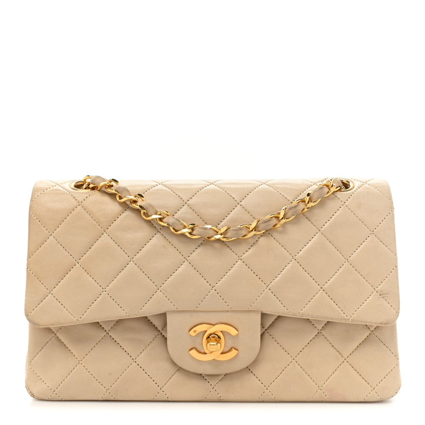 Lambskin Quilted Small Double Flap Beige