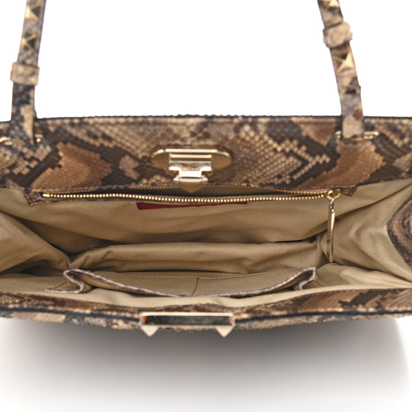 Snakeskin Rockstud Shoulder Satchel Beige