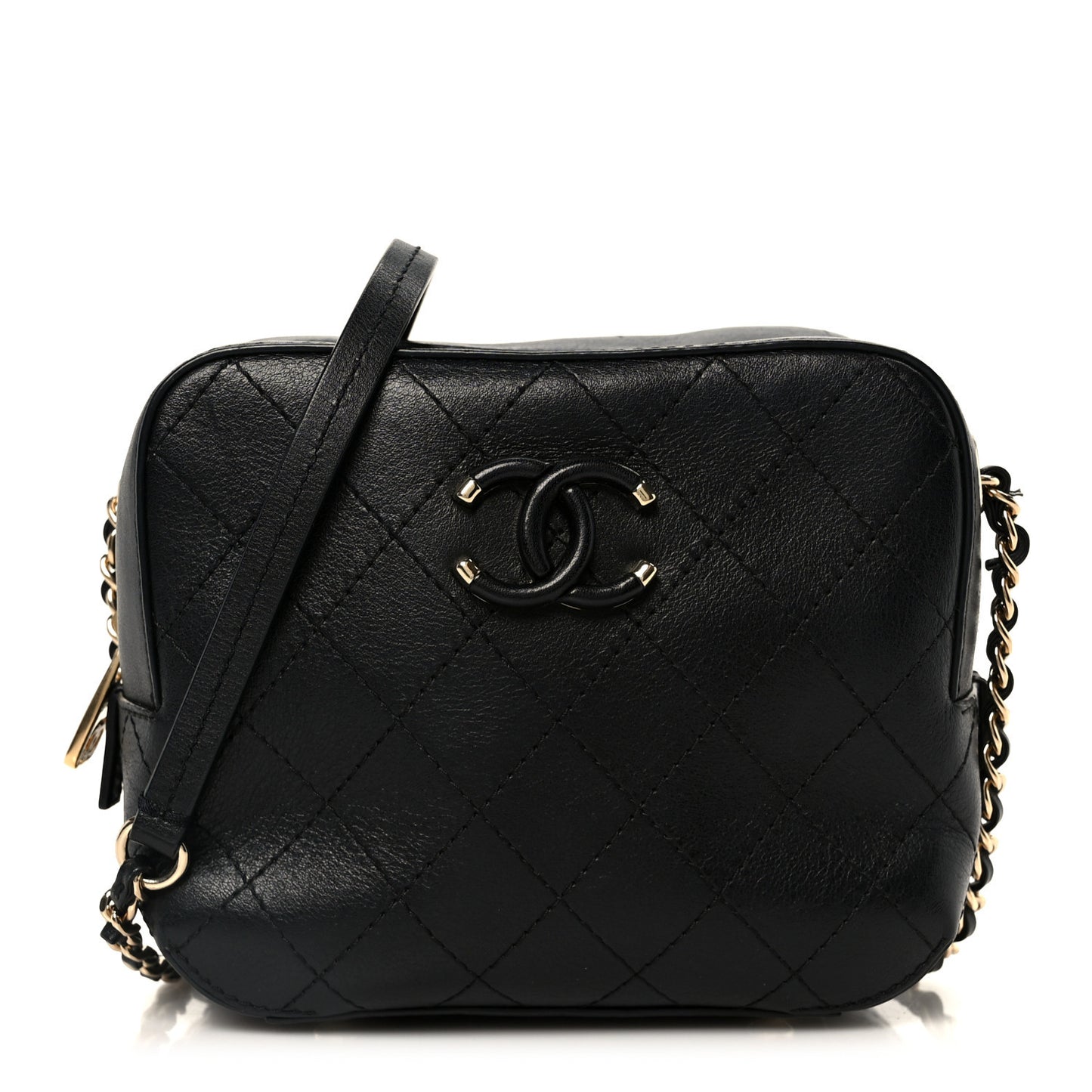 Calfskin Stitched Covered CC Camera Case Bag Black
