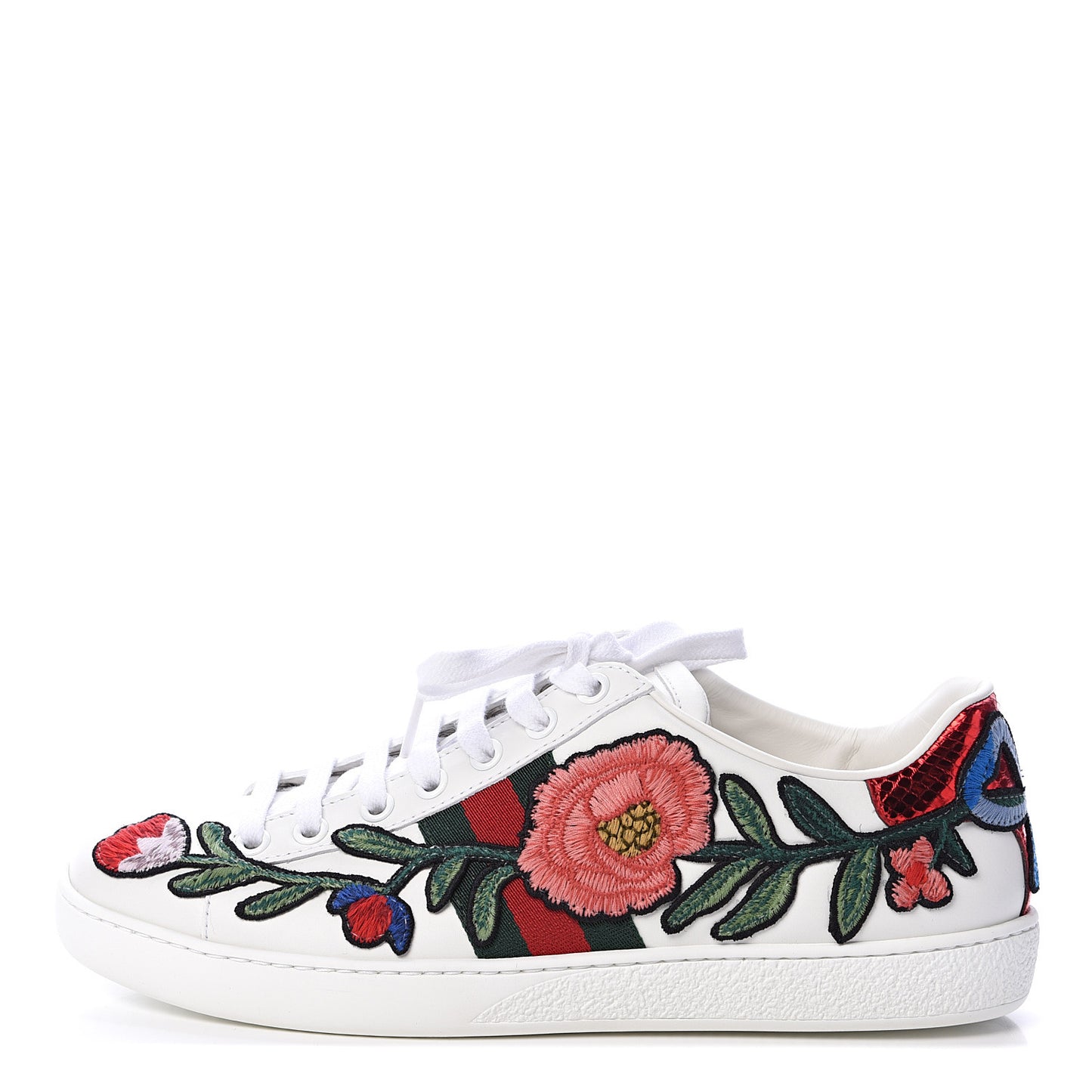 Calfskin Web Floral Embroidered Ace Sneakers 37 White