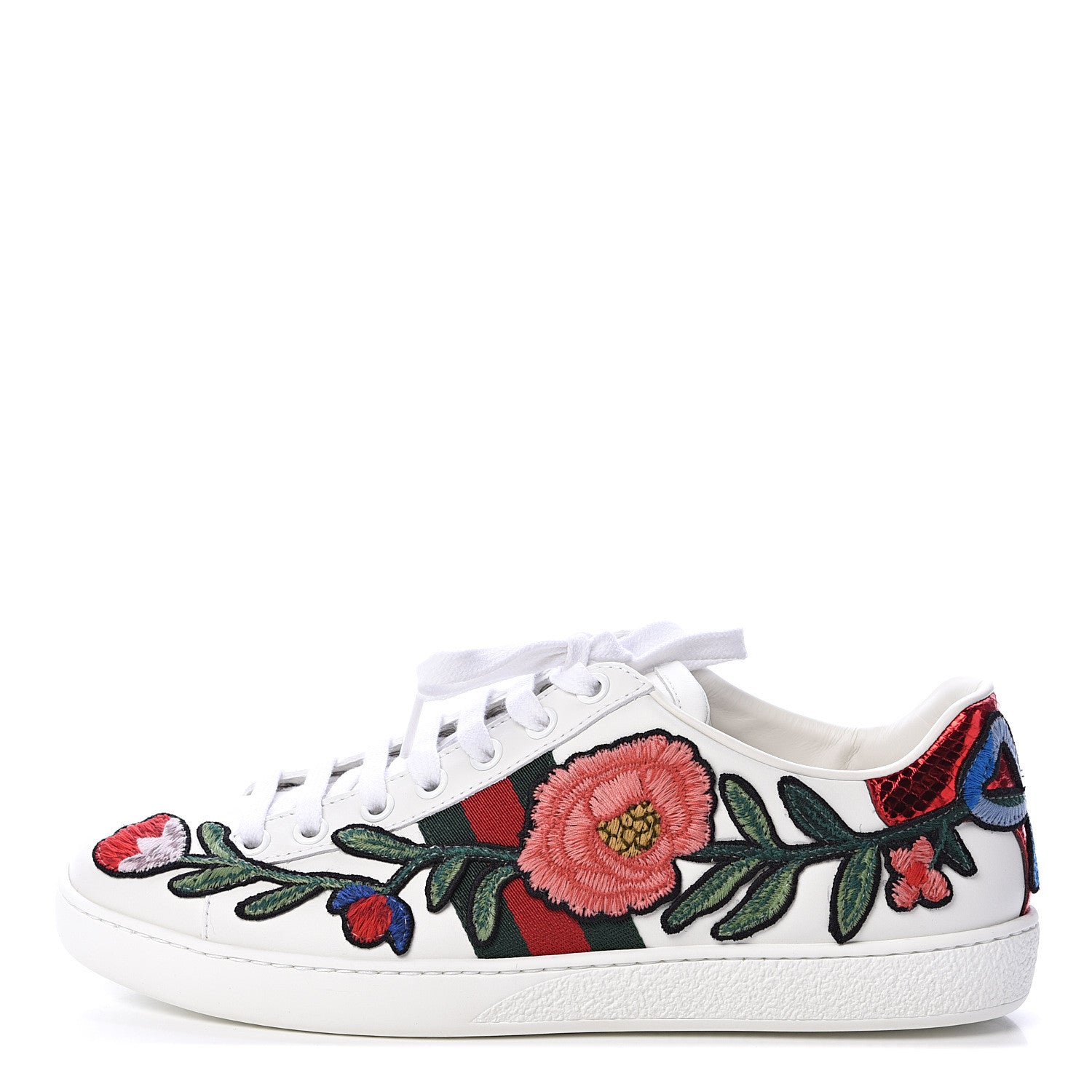 Gucci Calfskin Web Floral Embroidered Ace Sneakers 37 White 1 of 9