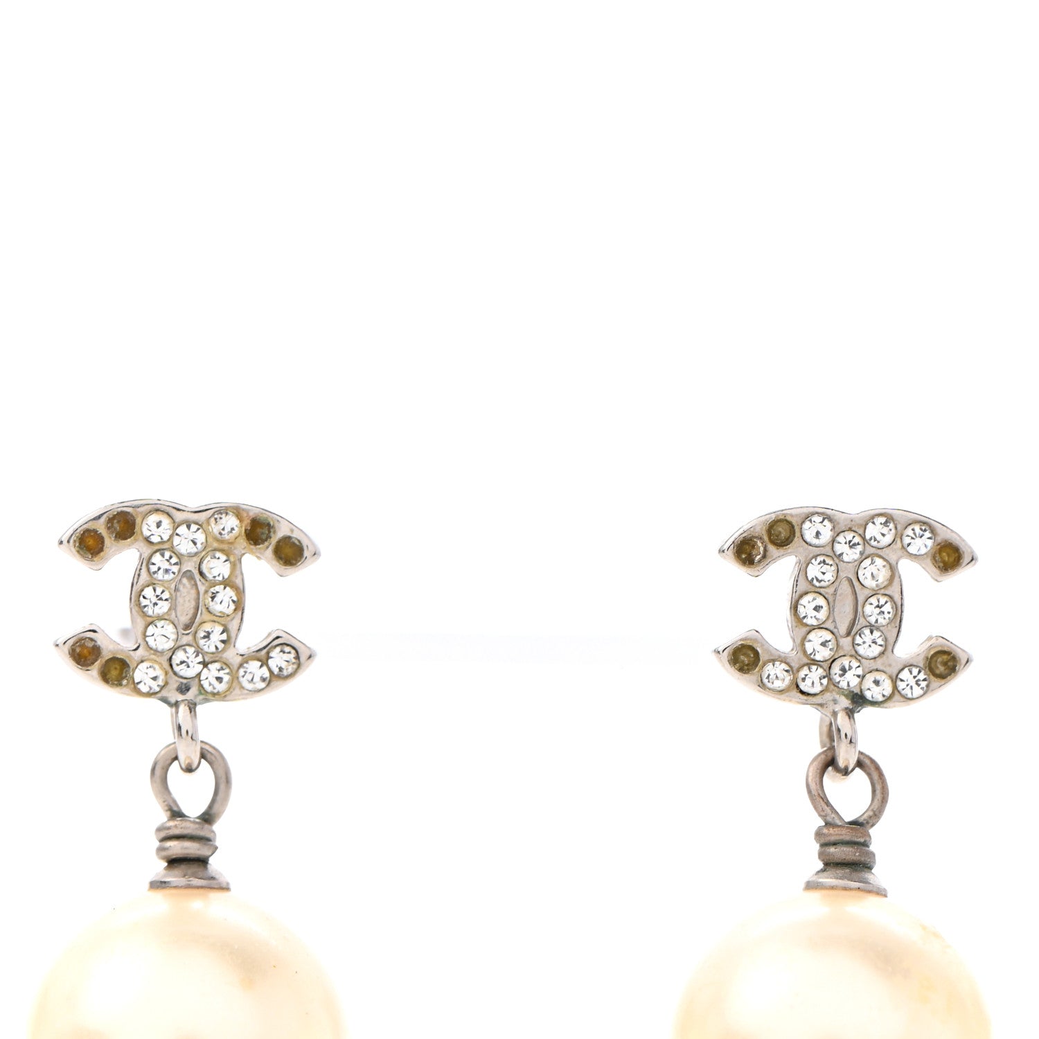 Chanel Crystal Pearl CC Drop Earrings Silver 4 of 5