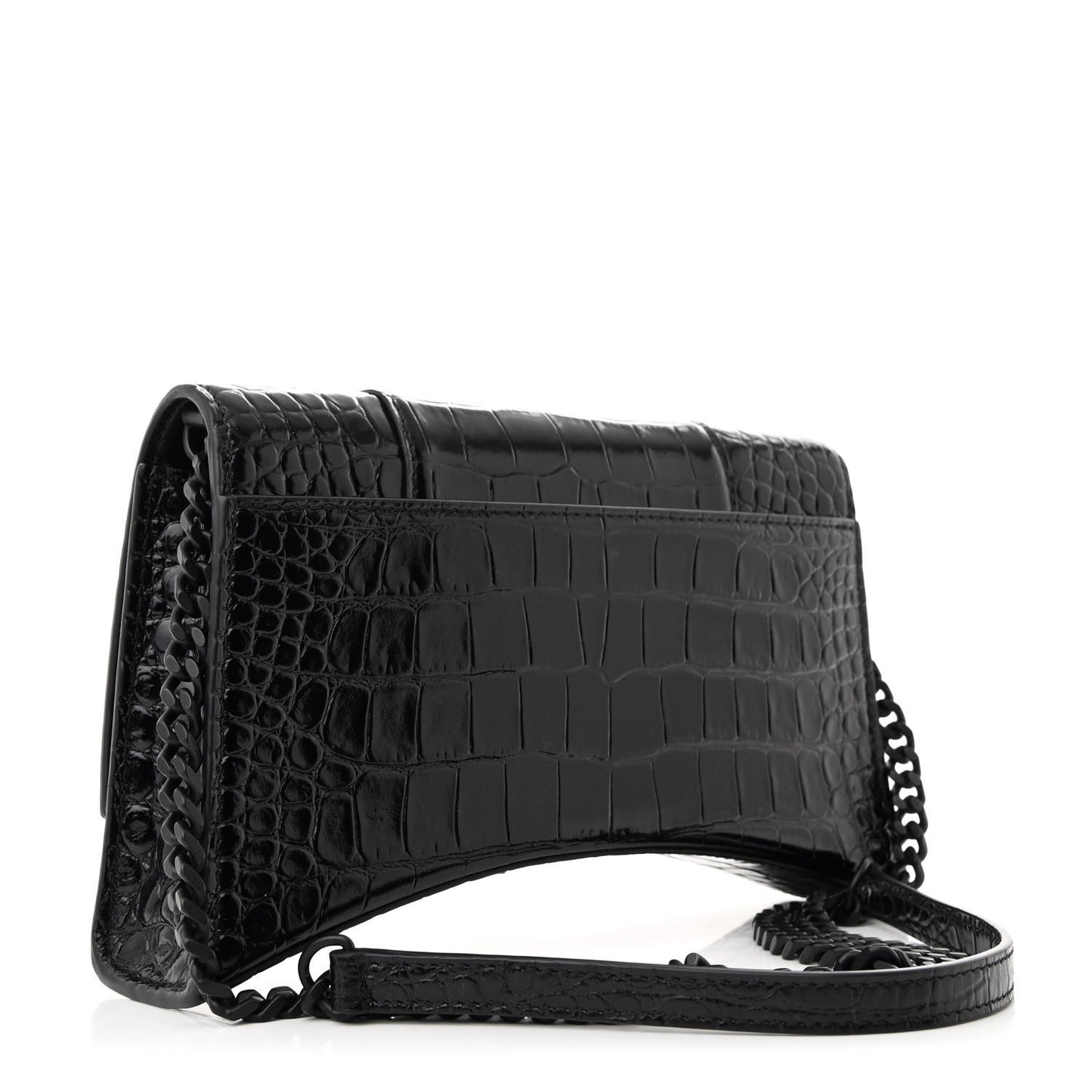Shiny Calfskin Monochrome Crocodile Embossed Small Hourglass Evening Chain Bag Black