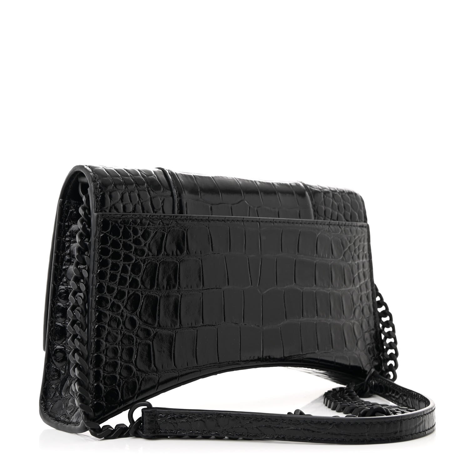 Balenciaga Shiny Calfskin Monochrome Crocodile Embossed Small Hourglass Evening Chain Bag Black 3 of 11